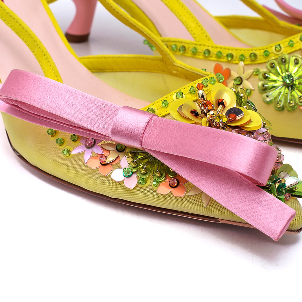 Rene Caovilla - Yellow & Pink Virgule Flower Bow Slingback Pumps 38.5